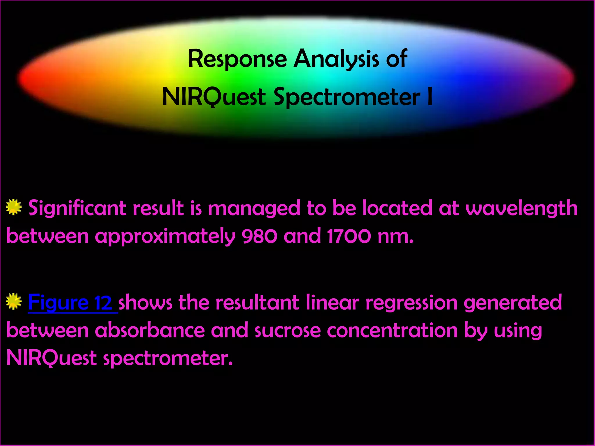 Response Analysis of
NIRQuest Spectrometer I

Significant result is managed to be located at wavelength
between approximately 980 and 1700 nm.
Figure 12 shows the resultant linear regression generated
between absorbance and sucrose concentration by using
NIRQuest spectrometer.

 