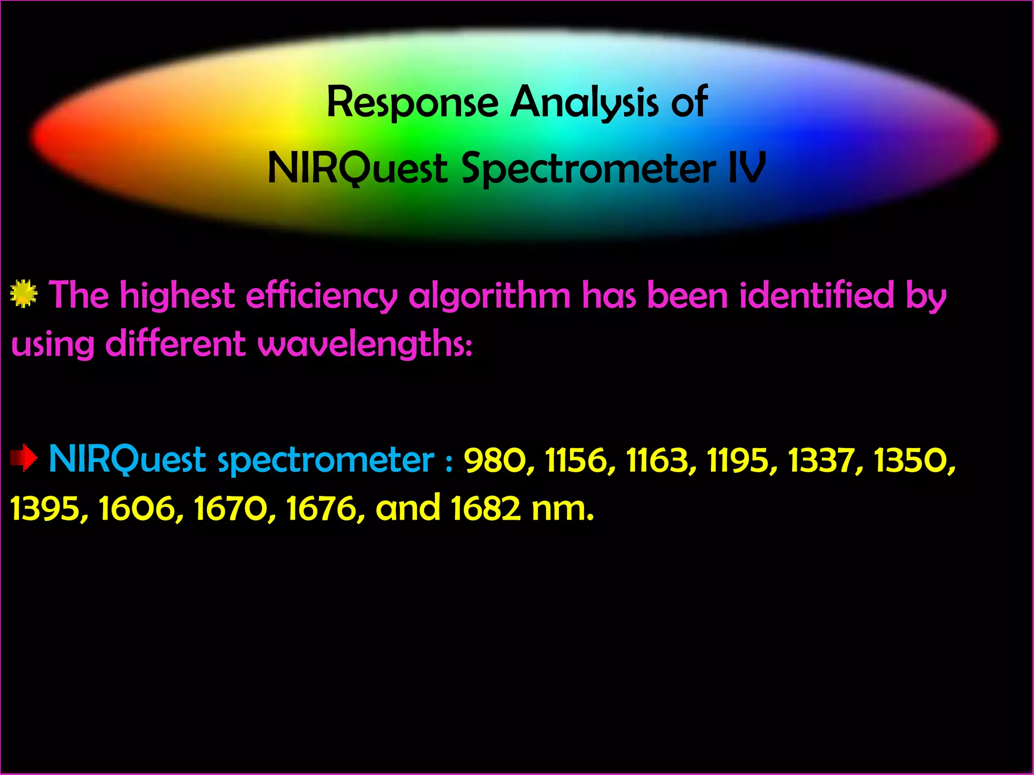 Response Analysis of
NIRQuest Spectrometer IV
The highest efficiency algorithm has been identified by
using different wavelengths:

NIRQuest spectrometer : 980, 1156, 1163, 1195, 1337, 1350,
1395, 1606, 1670, 1676, and 1682 nm.

 