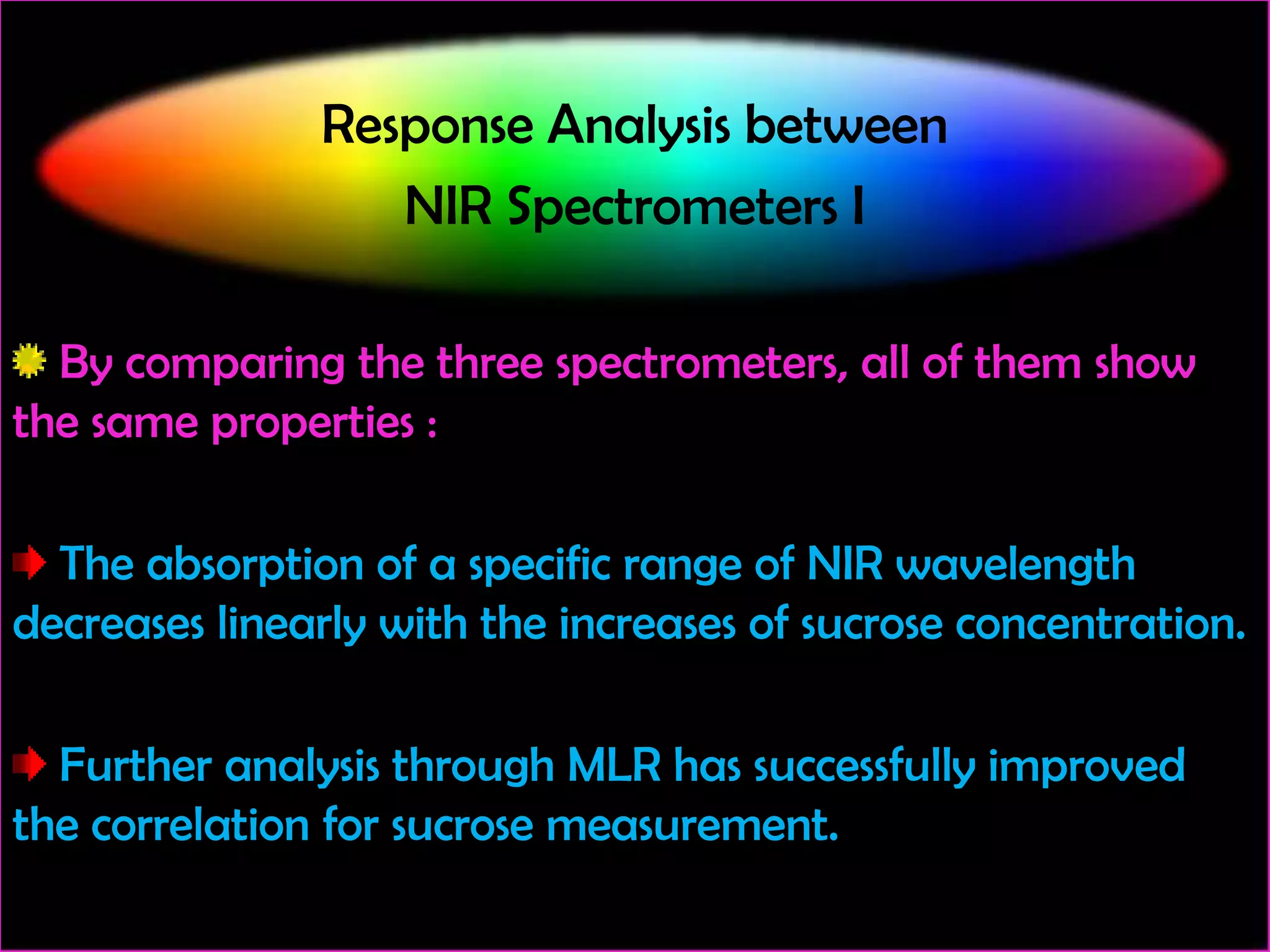 Response Analysis between
NIR Spectrometers I
By comparing the three spectrometers, all of them show
the same properties :

The absorption of a specific range of NIR wavelength
decreases linearly with the increases of sucrose concentration.
Further analysis through MLR has successfully improved
the correlation for sucrose measurement.

 