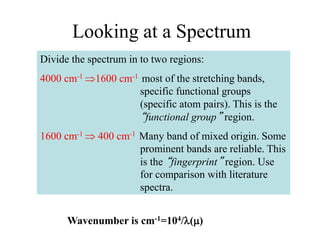 Looking at a Spectrum
Divide the spectrum in to two regions:
4000 cm-1 1600 cm-1 most of the stretching bands,
specific functional groups
(specific atom pairs). This is the
“functional group” region.
1600 cm-1  400 cm-1 Many band of mixed origin. Some
prominent bands are reliable. This
is the “fingerprint” region. Use
for comparison with literature
spectra.
Wavenumber is cm-1=104/l(m)
 
