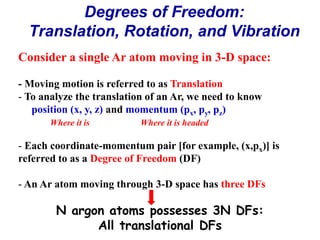 Degrees of Freedom:
Translation, Rotation, and Vibration
Consider a single Ar atom moving in 3-D space:
- Moving motion is referred to as Translation
- To analyze the translation of an Ar, we need to know
position (x, y, z) and momentum (px, py, pz)
Where it is Where it is headed
- Each coordinate-momentum pair [for example, (x,px)] is
referred to as a Degree of Freedom (DF)
- An Ar atom moving through 3-D space has three DFs
N argon atoms possesses 3N DFs:
All translational DFs
 