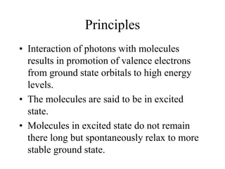 Principles
• Interaction of photons with molecules
results in promotion of valence electrons
from ground state orbitals to high energy
levels.
• The molecules are said to be in excited
state.
• Molecules in excited state do not remain
there long but spontaneously relax to more
stable ground state.
 