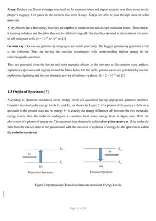 Page 12 of 38
X-ray: Doctors use X-rays to image your teeth or for examine bones and airport security uses them to see inside
people’s luggage. Hot gases in the universe also emit X-rays. X-rays are able to pass through most of solid
materials.
X-ray photons have that energy that they are capable to ionize atoms and disrupt molecular bonds. These makes
it ionizing radiation and therefore they are harmful to living cell. But also they are used in the treatment of cancer
to kill malignant cells. (λ = 10-11
to 10-7
m) [3]
Gamma ray: Doctors use gamma-ray imaging to see inside your body. The biggest gamma-ray generator of all
is the Universe. They are having the smallest wavelengths with corresponding highest energy in the
electromagnetic spectrum.
They are generated from the hottest and most energetic objects in the universe as like neutron stars, pulsars,
supernova explosions and regions around the black holes. On the earth, gamma waves are generated by nuclear
explosions, lightning and the less dramatic activity of radioactive decay. (λ < 2 × 10-11
m) [2]
1.3 Origin of Spectrum [5]
According to Quantum mechanics every energy levels are quantized having appropriate quantum numbers.
Consider two molecular energy levels En and Em, as shown in Figure 2. If a photon of frequency v falls on a
molecule in the ground state and its energy hv is exactly the energy difference ΔE between the two molecular
energy levels, then the molecule undergoes a transition from lower energy level to higher one. With the
absorption of a photon of energy hv. The spectrum thus obtained is called absorption spectrum. If the molecule
falls from the excited state to the ground state with the emission of a photon of energy hv, the spectrum is called
the emission spectrum.
Figure 2 Spectroscopic Transition between molecular Energy Levels
(a)
Absorption Spectrum
(b)
Emission Spectrum
hv
hv
Em Em
En
En
 