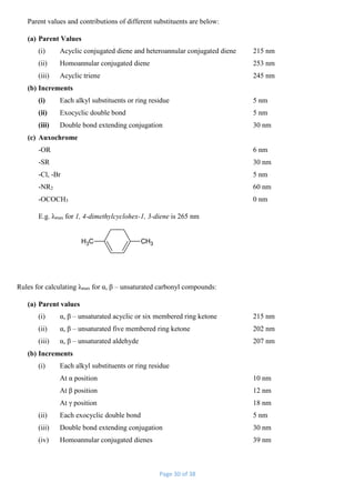 Page 30 of 38
Parent values and contributions of different substituents are below:
(a) Parent Values
(i) Acyclic conjugated diene and heteroannular conjugated diene 215 nm
(ii) Homoannular conjugated diene 253 nm
(iii) Acyclic triene 245 nm
(b) Increments
(i) Each alkyl substituents or ring residue 5 nm
(ii) Exocyclic double bond 5 nm
(iii) Double bond extending conjugation 30 nm
(c) Auxochrome
-OR 6 nm
-SR 30 nm
-Cl, -Br 5 nm
-NR2 60 nm
-OCOCH3 0 nm
E.g. λmax for 1, 4-dimethylcyclohex-1, 3-diene is 265 nm
CH3CH3
Rules for calculating λmax for α, β – unsaturated carbonyl compounds:
(a) Parent values
(i) α, β – unsaturated acyclic or six membered ring ketone 215 nm
(ii) α, β – unsaturated five membered ring ketone 202 nm
(iii) α, β – unsaturated aldehyde 207 nm
(b) Increments
(i) Each alkyl substituents or ring residue
At α position 10 nm
At β position 12 nm
At γ position 18 nm
(ii) Each exocyclic double bond 5 nm
(iii) Double bond extending conjugation 30 nm
(iv) Homoannular conjugated dienes 39 nm
 