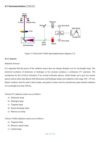Page 33 of 38
4.3 Instrumentation [1] [9] [5]
Figure 13 Ultraviolet Visible Spectrophotometer diagram [17]
4.3.1. Sources
Radiation Sources:
It is important that the power of the radiation source does not change abruptly over its wavelength range. The
electrical excitation of deuterium or hydrogen at low pressure produces a continuous UV spectrum. The
mechanism for this involves formation of an excited molecular species, which breaks up to give two atomic
species and an ultraviolet photon both Deuterium and Hydrogen lamps emit radiation in the range 160 - 375 nm.
Quartz windows must be used in these lamps, and quartz cuvettes must be used because glass absorbs radiation
of wavelengths less than 350 nm.
Various UV radiation sources are as follows:
a) Deuterium lamp
b) Hydrogen lamp
c) Tungsten lamp
d) Xenon discharge lamp
e) Mercury arc lamp
Various Visible radiation sources are as follows:
a) Tungsten lamp
b) Mercury vapour lamp
c) Carbon lamp
 