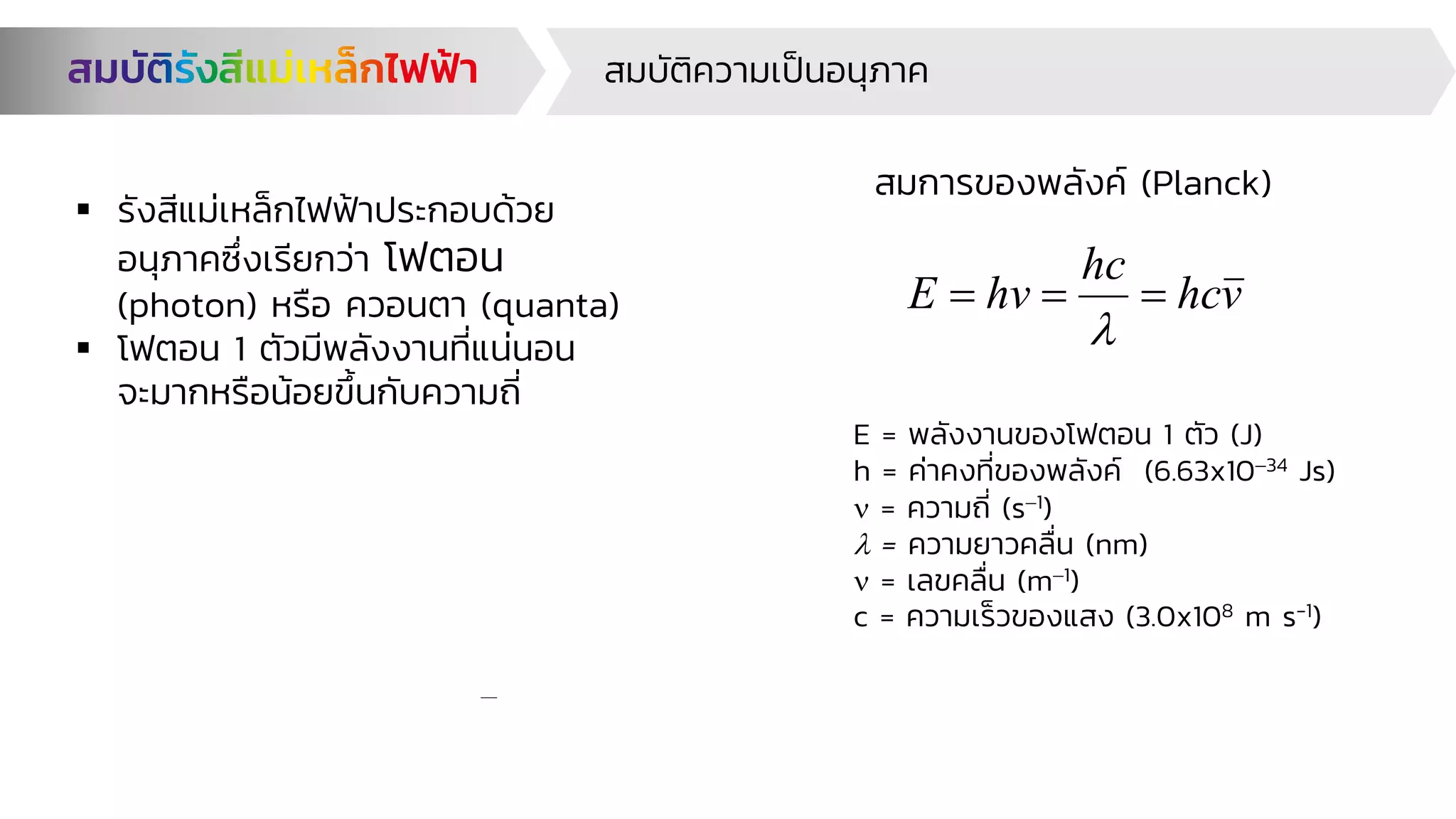 สมบัติความเป็นอนุภาค
v
hc
hc
hv
E =
=
=

E = พลังงานของโฟตอน 1 ตัว (J)
h = ค่าคงที่ของพลังค์ (6.63x10−34 Js)
 = ความถี่ (s−1)
 = ความยาวคลื่น (nm)
 = เลขคลื่น (m−1)
c = ความเร็วของแสง (3.0x108 m s-1)
▪ รังสีแม่เหล็กไฟฟ้าประกอบด้วย
อนุภาคซึ่งเรียกว่า โฟตอน
(photon) หรือ ควอนตา (quanta)
▪ โฟตอน 1 ตัวมีพลังงานที่แน่นอน
จะมากหรือน้อยขึ้นกับความถี่
สมการของพลังค์ (Planck)
 