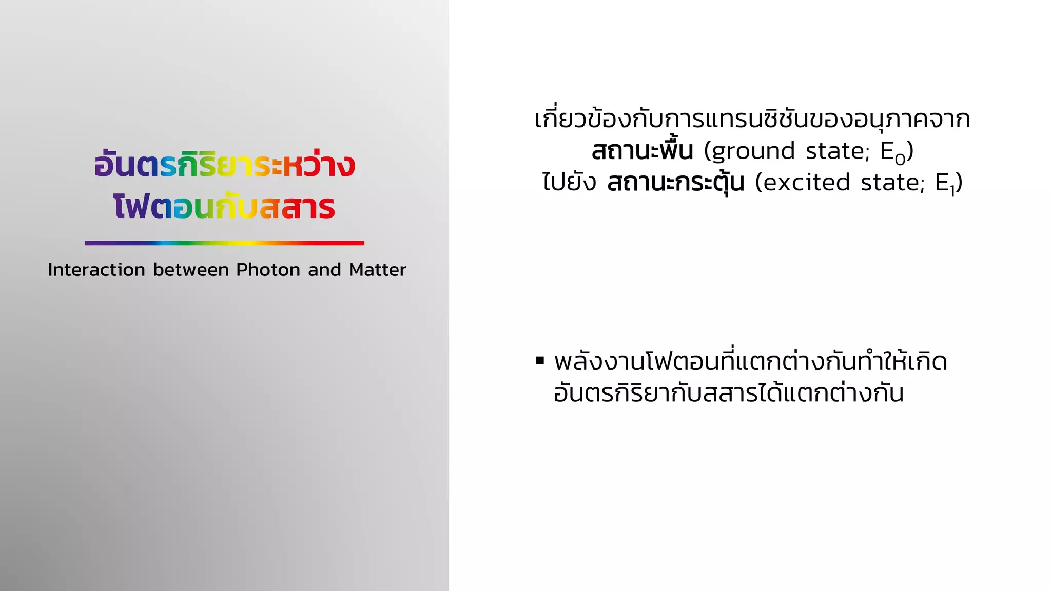 ▪ พลังงานโฟตอนที่แตกต่างกันทาให้เกิด
อันตรกิริยากับสสารได้แตกต่างกัน
Interaction between Photon and Matter
เกี่ยวข้องกับการแทรนซิชันของอนุภาคจาก
สถานะพื้น (ground state; E0)
ไปยัง สถานะกระตุ้น (excited state; E1)
 