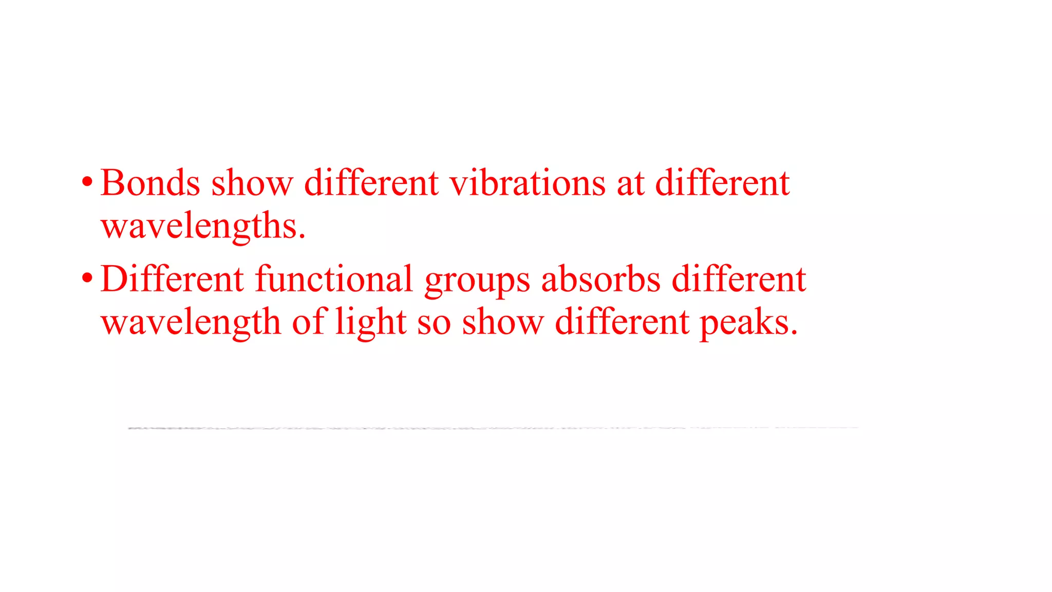 • Bonds show different vibrations at different
wavelengths.
• Different functional groups absorbs different
wavelength of light so show different peaks.
 