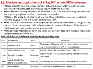 (c). Principle and applications of X-Ray Diffraction (XRD) technique
• XRD is a versatile, non-destructive characterization technique widely used in materials
science and engineering for identifying unknown crystalline materials.
• XRD works by irradiating a material with incident X-rays, and then measuring the intensities
and scattering angles of the X-rays that leave the material.
• XRD is used to study the structure and function of many biological molecules, including
vitamins, drugs, proteins and nucleic acids such as DNA.
• XRD is also used to determine structural properties like lattice parameters, strain, grain size,
epitaxy, phase composition, preferred orientation, to measure thickness of thin films and
multi-layers and to determine atomic arrangement.
• XRD also yields information on how the actual structure deviates from the ideal one, owing
to internal stresses and defects.
Selected Nobel Prize Winners involving X-ray crystallography
Year Laureate(s) Prize Rationale
1914 Max von Laue Physics
Discovery of diffraction of X-rays by crystals, an important
step in the development of X-ray spectroscopy.
1915 William Henry Bragg Physics Analysis of crystal structure by means of X-rays.
1964 Dorothy Hodgkin Chemistry
Determination of the structures of important biochemical
substances.
2009
Ada E. Yonath, T.A.
Steitz, R. Venkatraman
Chemistry For studying the structure and function of the ribosome.
2012 Brian Kobilka Chemistry For studying G-protein-coupled receptors.
 