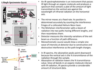 • An IR spectrophotometer is an instrument that passes
IR light through an organic molecule and produces a
spectrum that contains a plot of the amount of light
transmitted on the vertical axis against the
wavelength of infrared radiation on the horizontal
axis.
• The mirror moves at a fixed rate. Its position is
determined accurately by counting the interference
fringes of a collocated Helium-Neon laser.
• The Michelson interferometer splits a beam of
radiation into two paths having different lengths, and
then recombines them.
• Detector measures the intensity variations of the exit
beam as a function of path difference.
• Monochromatic source would show a simple sine
wave of intensity at detector due to constructive and
destructive interference as the path length changes.
• In IR spectra, the absorption peaks point downward
because the vertical axis is the % transmittance of the
radiation through the sample.
• Absorption of radiation lowers the % transmittance
value. Since all bonds in an organic molecule interact
with IR radiation, IR spectra provide a considerable
amount of structural data.
 