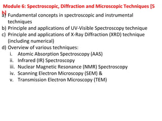 Module 6: Spectroscopic, Diffraction and Microscopic Techniques [5
h]
a) Fundamental concepts in spectroscopic and instrumental
techniques
b) Principle and applications of UV-Visible Spectroscopy technique
c) Principle and applications of X-Ray Diffraction (XRD) technique
(including numerical)
d) Overview of various techniques:
i. Atomic Absorption Spectroscopy (AAS)
ii. Infrared (IR) Spectroscopy
iii. Nuclear Magnetic Resonance (NMR) Spectroscopy
iv. Scanning Electron Microscopy (SEM) &
v. Transmission Electron Microscopy (TEM)
 
