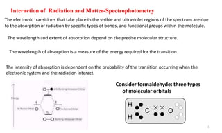 1
Interaction of Radiation and Matter-Spectrophotometry
The electronic transitions that take place in the visible and ultraviolet regions of the spectrum are due
to the absorption of radiation by specific types of bonds, and functional groups within the molecule.
The wavelength and extent of absorption depend on the precise molecular structure.
The intensity of absorption is dependent on the probability of the transition occurring when the
electronic system and the radiation interact.
H
H
C O
Consider formaldehyde: three types
of molecular orbitals
The wavelength of absorption is a measure of the energy required for the transition.
 