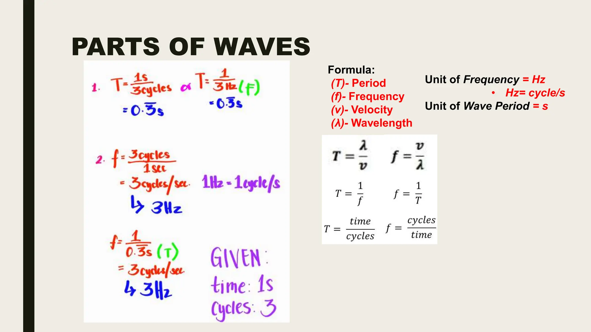 PARTS OF WAVES
Formula:
(T)- Period
(f)- Frequency
(v)- Velocity
(λ)- Wavelength
Unit of Frequency = Hz
• Hz= cycle/s
Unit of Wave Period = s
 