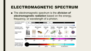ELECTROMAGNETIC SPECTRUM
■ The electromagnetic spectrum is the division of
electromagnetic radiation based on the energy,
frequency, or wavelength of a photon.
 