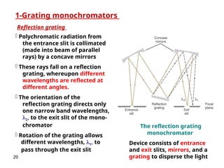 Reflection grating
1-Grating monochromators
 Polychromatic radiation from
the entrance slit is collimated
(made into beam of parallel
rays) by a concave mirrors
 These rays fall on a reflection
grating, whereupon different
wavelengths are reflected at
different angles.
 The orientation of the
reflection grating directs only
one narrow band wavelengths,
2, to the exit slit of the mono-
chromator
 Rotation of the grating allows
different wavelengths, 1, to
pass through the exit slit
The reflection grating
monochromator
Device consists of entrance
and exit slits, mirrors, and a
grating to disperse the light
20
 