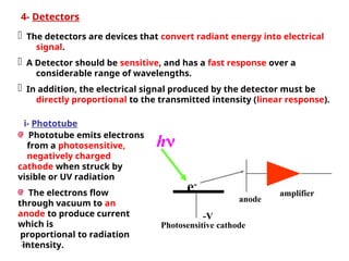 24
4- Detectors
 The detectors are devices that convert radiant energy into electrical
signal.
 A Detector should be sensitive, and has a fast response over a
considerable range of wavelengths.
 In addition, the electrical signal produced by the detector must be
directly proportional to the transmitted intensity (linear response).
h
e-
-V
Photosensitive cathode
amplifier
i- Phototube
anode
Phototube emits electrons
from a photosensitive,
negatively charged
cathode when struck by
visible or UV radiation
The electrons flow
through vacuum to an
anode to produce current
which is
proportional to radiation
intensity.
 