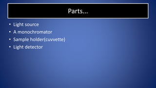 Parts...
• Light source
• A monochromator
• Sample holder(cuvvette)
• Light detector
 
