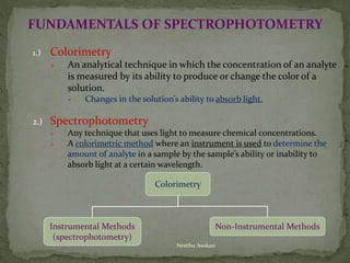 FUNDAMENTALS OF SPECTROPHOTOMETRY
1.) Colorimetry
 An analytical technique in which the concentration of an analyte
is measured by its ability to produce or change the color of a
solution.
- Changes in the solution’s ability to absorb light.
2.) Spectrophotometry
 Any technique that uses light to measure chemical concentrations.
 A colorimetric method where an instrument is used to determine the
amount of analyte in a sample by the sample’s ability or inability to
absorb light at a certain wavelength.
Colorimetry
Instrumental Methods
(spectrophotometry)
Non-Instrumental Methods
Neethu Asokan
 
