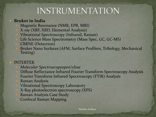  Bruker in India
 Magnetic Resonance (NMR, EPR, MRI)
 X-ray (XRF, XRD, Elemental Analysis)
 Vibrational Spectroscopy (Infrared, Raman)
 Life Science Mass Spectrometry (Mass Spec, GC, GC-MS)
 CBRNE (Detection)
 Bruker Nano Surfaces (AFM, Surface Profilers, Tribology, Mechanical
Testing)
 INTERTEK
 Molecular Spectroscopyopen/close
 Diffuse Reflectance Infrared Fourier Transform Spectroscopy Analysis
 Fourier Transform Infrared Spectroscopy (FTIR) Analysis
 Raman Analysis
 Vibrational Spectroscopy Laboratory
 X-Ray photoelectron spectroscopy (XPS)
 Raman Analysis Case Study
 Confocal Raman Mapping
Neethu Asokan
 