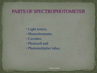 Light source.
Monochromator.
Cuvettes.
Photocell and
Photomultiplier tubes.
Neethu Asokan
 