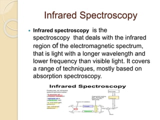 Infrared Spectroscopy
 Infrared spectroscopy is the
spectroscopy that deals with the infrared
region of the electromagnetic spectrum,
that is light with a longer wavelength and
lower frequency than visible light. It covers
a range of techniques, mostly based on
absorption spectroscopy.
 