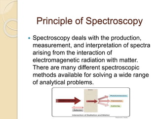 Principle of Spectroscopy
 Spectroscopy deals with the production,
measurement, and interpretation of spectra
arising from the interaction of
electromagenetic radiation with matter.
There are many different spectroscopic
methods available for solving a wide range
of analytical problems.
 