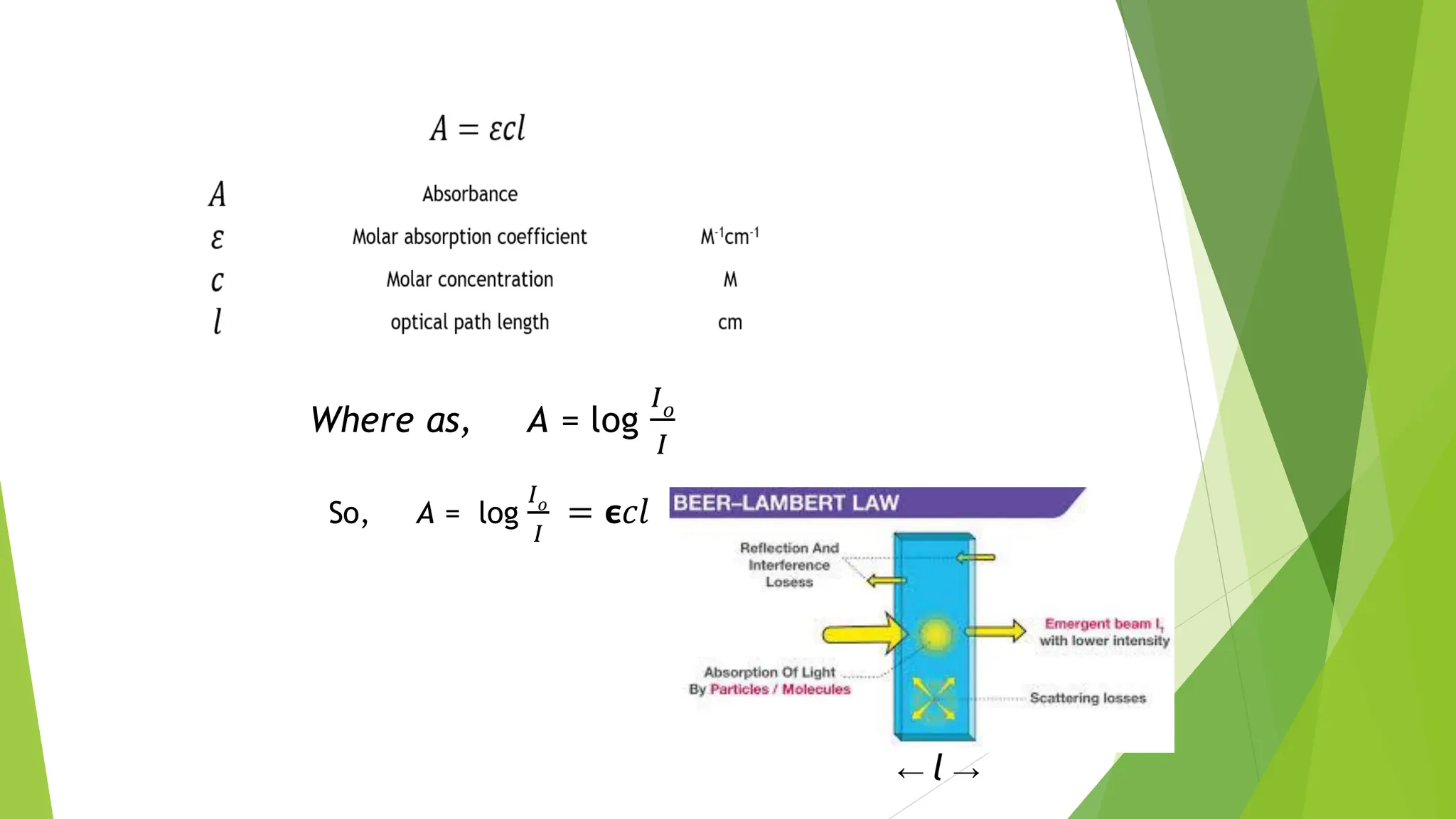 Where as, A = log
𝐼𝑜
𝐼
So, A = log
𝐼𝑜
𝐼
= 𝞊𝑐𝑙
← l →
 