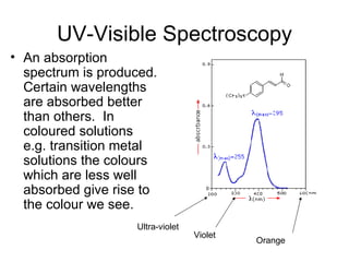 UV-Visible Spectroscopy An absorption spectrum is produced. Certain wavelengths are absorbed better than others.  In coloured solutions e.g. transition metal solutions the colours which are less well absorbed give rise to the colour we see. Ultra-violet Violet Orange 