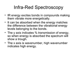 Infra-Red Spectroscopy IR energy excites bonds in compounds making them vibrate more energetically. It can be absorbed when the energy matches the difference between the vibrational energy levels belonging to the bonds. The y axis indicates % transmission of energy, so when energy is absorbed the spectrum will show a trough. The x axis is wavenumber, high wavenumber indicates high energy. 