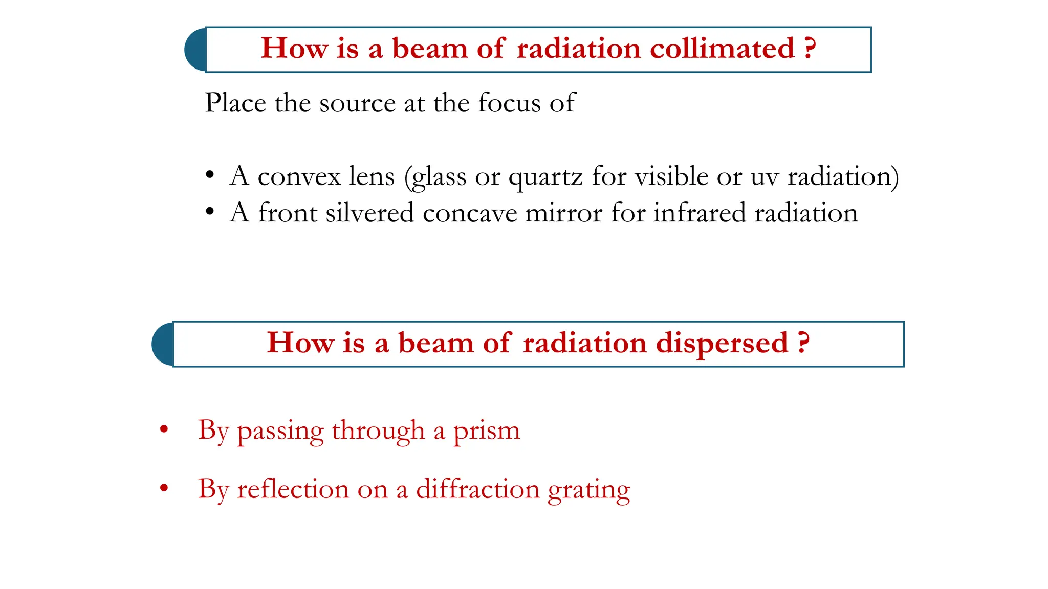 How is a beam of radiation dispersed ?
• By passing through a prism
• By reflection on a diffraction grating
How is a beam of radiation collimated ?
Place the source at the focus of
• A convex lens (glass or quartz for visible or uv radiation)
• A front silvered concave mirror for infrared radiation
 