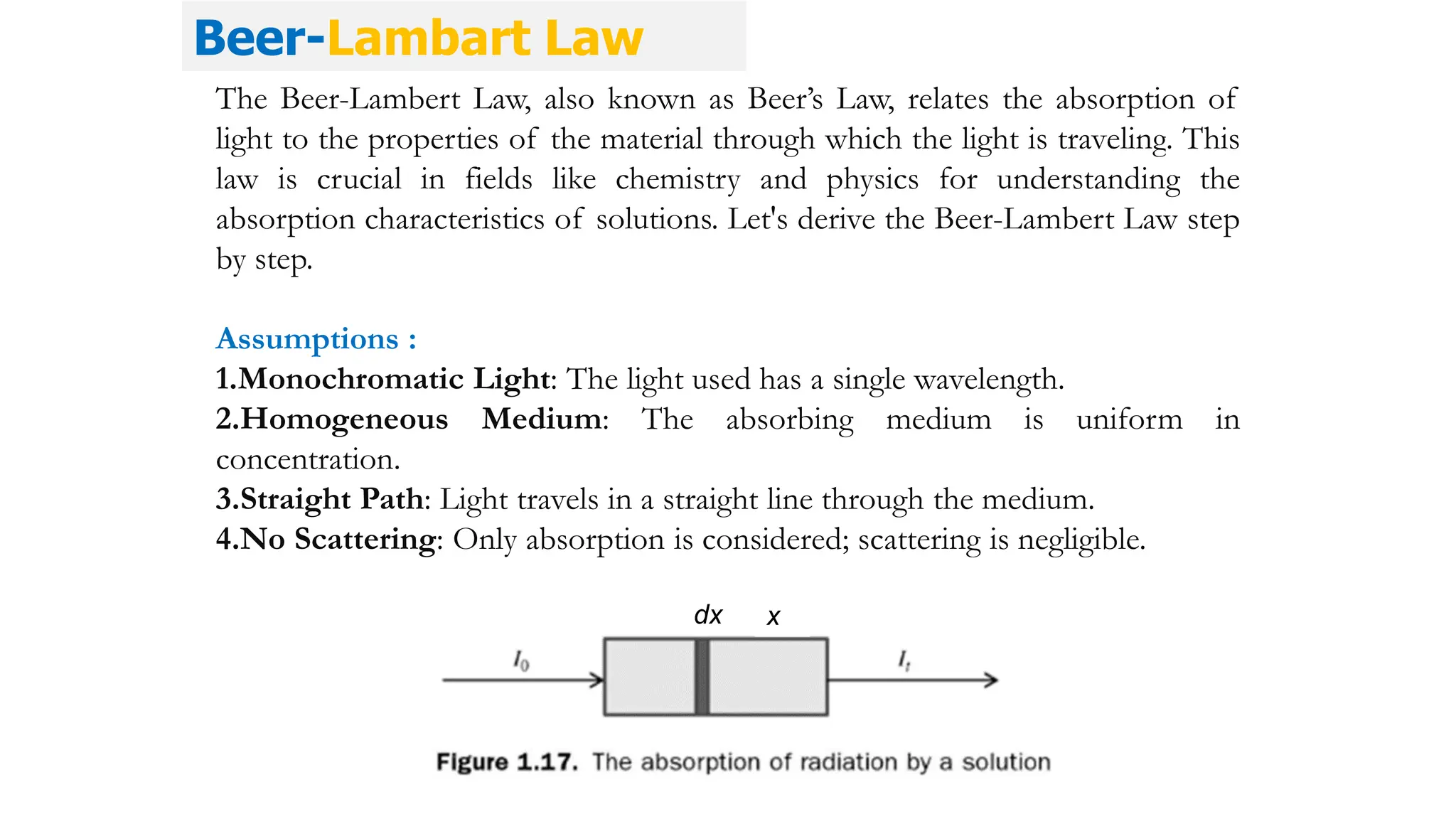 The Beer-Lambert Law, also known as Beer’s Law, relates the absorption of
light to the properties of the material through which the light is traveling. This
law is crucial in fields like chemistry and physics for understanding the
absorption characteristics of solutions. Let's derive the Beer-Lambert Law step
by step.
Assumptions :
1.Monochromatic Light: The light used has a single wavelength.
2.Homogeneous Medium: The absorbing medium is uniform in
concentration.
3.Straight Path: Light travels in a straight line through the medium.
4.No Scattering: Only absorption is considered; scattering is negligible.
Beer-Lambart Law
x
dx
 