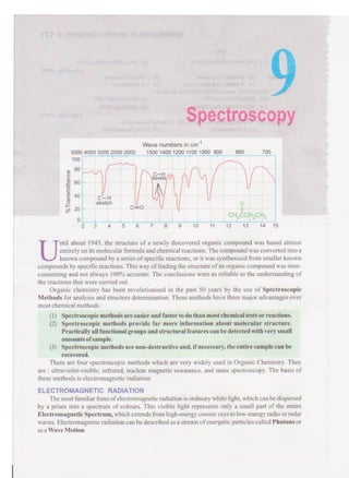 Spectroscopy
C-H
stretch
Wave numbers in cm"1
5000 4000 3000 2500 2000 1500 1400 1200 1100 1000 900 800
4 r/
700
0 ch3cch2ch3
2 3 4 5 6 7 8 9 10 11 12 13 14 15
ntil about 1945, the structure of a newly discovered organic compound was based almost
entirely on itsmolecular formula andchemicalreactions.The compoundwas convertedinto a
knowncompound by a series ofspecific reactions,or it was synthesised from smaller known
compoundsby specific reactions.This way offinding the structure ofan organic compoundwas time-
consuming and not always 100% accurate. The conclusions were as reliable as the understanding of
the reactions that were carried out.
Organic chemistry has been revolutionised in the past 50 years by the use of Spectroscopic
Methods for analysis and structure determination. These methods have three major advantages over
most chemical methods :
(1) Spectroscopic methods are easier and faster to do than mostchemicaltests or reactions.
(2) Spectroscopic methods provide far more information about molecular structure.
Practicallyallfunctional groups andstructural features can bedetectedwithvery small
amounts ofsample.
(3) Spectroscopic methods are non-destructive and,ifnecessary,the entiresample can be
There are four spectroscopic methods which are very widely used in Organic Chemistry. They
are :ultraviolet-visible, infrared, nuclear magnetic resonance, and mass spectroscopy. The basis of
these methods is electromagnetic radiation.
ELECTROMAGNETIC RADIATION
The most familiar form ofelectromagneticradiation is ordinary white light,which canbedispersed
by a prism into a spectrum of colours. This visible light represents only a small part of the entire
Electromagnetic Spectrum,which extends fromhigh-energycosmic raysto low-energy radioor radar
waves. Electromagnetic radiationcan bedescribed as a stream ofenergetic particles called Photonsor
as aWave Motion.
recovered.
 