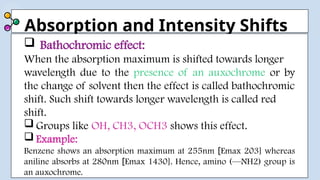 Absorption and Intensity Shifts
 Bathochromic effect:
When the absorption maximum is shifted towards longer
wavelength due to the presence of an auxochrome or by
the change of solvent then the effect is called bathochromic
shift. Such shift towards longer wavelength is called red
shift.
 Groups like OH, CH3, OCH3 shows this effect.
 Example:
Benzene shows an absorption maximum at 255nm [Emax 203] whereas
aniline absorbs at 280nm [Emax 1430]. Hence, amino (—NH2) group is
an auxochrome.
 