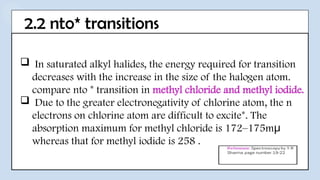 2.2 nto* transitions
 In saturated alkyl halides, the energy required for transition
decreases with the increase in the size of the halogen atom.
compare nto * transition in methyl chloride and methyl iodide.
 Due to the greater electronegativity of chlorine atom, the n
electrons on chlorine atom are difficult to excite*. The
absorption maximum for methyl chloride is 172–175mμ
whereas that for methyl iodide is 258 .
 