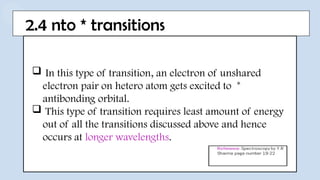 2.4 nto * transitions
 In this type of transition, an electron of unshared
electron pair on hetero atom gets excited to *
antibonding orbital.
 This type of transition requires least amount of energy
out of all the transitions discussed above and hence
occurs at longer wavelengths.
 