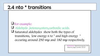 2.4 nto * transitions
For example:
 Aldehyde ,ketones,esters,carboxlic acids.
 Saturated aldehydes show both the types of
transitions, low energy n to * and high energy *
occuring around 290 m and 180 m respectively.
μ μ
 