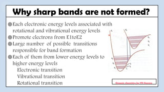 ●Each electronic energy levels associated with
rotational and vibrational energy levels
●Promote electrons from E1toE2
●Large number of possible transitions
responsible for band formation
●Each of them from lower energy levels to
higher energy levels
Electronic transition
Vibrational transition
Rotational transition
Why sharp bands are not formed?
Organic chemistry by YR Sharma
 