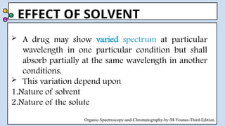 EFFECT OF SOLVENT
 A drug may show varied spectrum at particular
wavelength in one particular condition but shall
absorb partially at the same wavelength in another
conditions.
 This variation depend upon
1.Nature of solvent
2.Nature of the solute
Organic-Spectroscopy-and-Chromatography-by-M-Younas-Third-Edition.
 