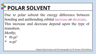 POLAR SOLVENT
Due to polar solvent the energy difference between
bonding and antibonding orbital increase or decrease.
This increase and decrease depend upon the type of
transition.
Mostly;
 Pi-pi*
 n-pi*
Organic-Spectroscopy-and-Chromatography-by-M-Younas-Third-Edition.
 