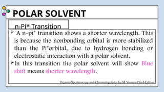 POLAR SOLVENT
n-Pi* Transition
 A n-pi* transition shows a shorter wavelength. This
is because the nonbonding orbital is more stabilized
than the Pi*orbital, due to hydrogen bonding or
electrostatic interaction with a polar solvent.
In this transition the polar solvent will show Blue
shift means shorter wavelength.
Organic-Spectroscopy-and-Chromatography-by-M-Younas-Third-Edition.
 