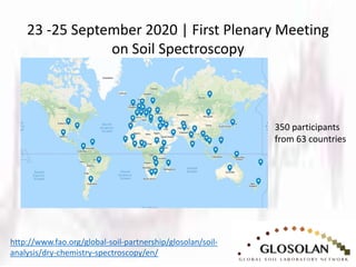 23 -25 September 2020 | First Plenary Meeting
on Soil Spectroscopy
http://www.fao.org/global-soil-partnership/glosolan/soil-
analysis/dry-chemistry-spectroscopy/en/
350 participants
from 63 countries
 
