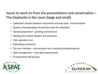 • Calibration transfer between instruments and over time - harmonisation
• Quality /interoperability of chemistry data for calibration
• Sample preparation – grinding and moisture
• Dealing with outliers (known and unknown)
• Inter-operator error
• Estimating uncertainty
• The user interface – not everyone has a statistician/mathematician
• Data management – meta data requirements
• IP (ownership and privacy)
Issues to work on from the presentations and conversation –
The Elephants in the room (large and small)
 