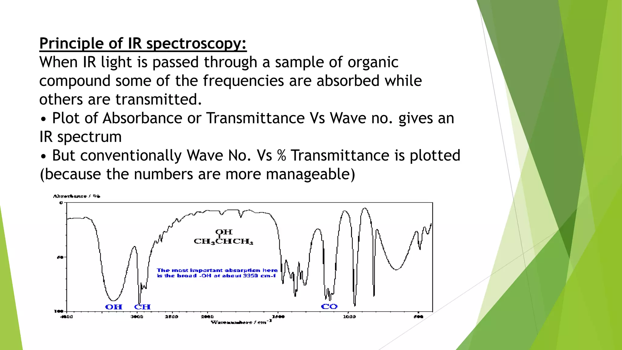 Principle of IR spectroscopy:
When IR light is passed through a sample of organic
compound some of the frequencies are absorbed while
others are transmitted.
• Plot of Absorbance or Transmittance Vs Wave no. gives an
IR spectrum
• But conventionally Wave No. Vs % Transmittance is plotted
(because the numbers are more manageable)
 