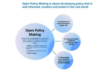Open Policy
Making
It starts with an open mind. The open policy
maker is curious, challenges assumptions
and is willing to experiment, as well as
being:
• humble – recognising that the civil
service does not have a monopoly on
expertise
• networked and collaborative; and
• digitally engaged
1. Broadening the
range of people we
engage with
2. Using the latest
analytical
techniques and
trends
3. Taking Agile,
more iterative
approaches to
implementation
Open Policy Making is about developing policy that is
well informed, creative and tested in the real world
 