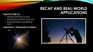 RECAP AND REAL-WORLD
APPLICATIONS
• Spectra help us:
• Identify elements in stars
• Understand atomic structure
• Develop lasers and lighting
tech
• Spectrum = Fingerprint of atoms
 