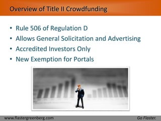 Overview of Title II Crowdfunding 
• Rule 506 of Regulation D 
• Allows General Solicitation and Advertising 
• Accredited Investors Only 
• New Exemption for Portals 
www.flastergreenberg.com Go Flaster. 
 