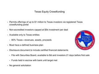 Texas Equity Crowdfunding 
• Permits offerings of up to $1 million to Texas investors via registered Texas 
crowdfunding portal 
• Non-accredited investors capped at $5k investment per deal 
• Available only to Texas entities 
• 80% Texas—revenues, assets, proceeds 
• Must have a defined business plan 
• Disclosure document to include certified financial statements 
• File with Securities Board, available to Bd and investors 21 days before first sale 
• Funds held in escrow with bank until target met 
• No general solicitation 
 