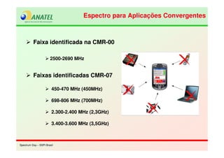 Spectrum Day – SSPI BrasilSpectrum Day – SSPI Brasil
Faixa identificada na CMR-00
2500-2690 MHz
Faixas identificadas CMR-07
450-470 MHz (450MHz)
698-806 MHz (700MHz)
2.300-2.400 MHz (2,3GHz)
3.400-3.600 MHz (3,5GHz)
Espectro para Aplicações ConvergentesEspectro para Aplicações Convergentes
 