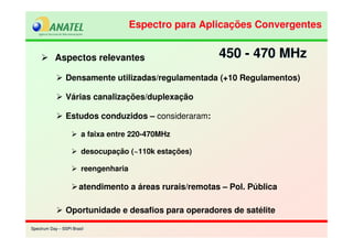 Spectrum Day – SSPI BrasilSpectrum Day – SSPI Brasil
Aspectos relevantes
Densamente utilizadas/regulamentada (+10 Regulamentos)
Várias canalizações/duplexação
Estudos conduzidos – consideraram:
a faixa entre 220-470MHz
desocupação (~110k estações)
reengenharia
atendimento a áreas rurais/remotas – Pol. Pública
Oportunidade e desafios para operadores de satélite
450 - 470 MHz450 - 470 MHz
Espectro para Aplicações ConvergentesEspectro para Aplicações Convergentes
 