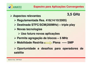 Spectrum Day – SSPI BrasilSpectrum Day – SSPI Brasil
Aspectos relevantes
Regulamentada Res. 416(14/10/2005)
Destinada STFC/SCM(200MHz) – triple play
Novas tecnologias
Uso futuro novas aplicações
Permite agregação de blocos – 5 MHz
Mobilidade Restrita Plena ----- SMP
Oportunidade e desafios para operadores de
satélite
3,5 GHz3,5 GHz
Espectro para Aplicações ConvergentesEspectro para Aplicações Convergentes
 